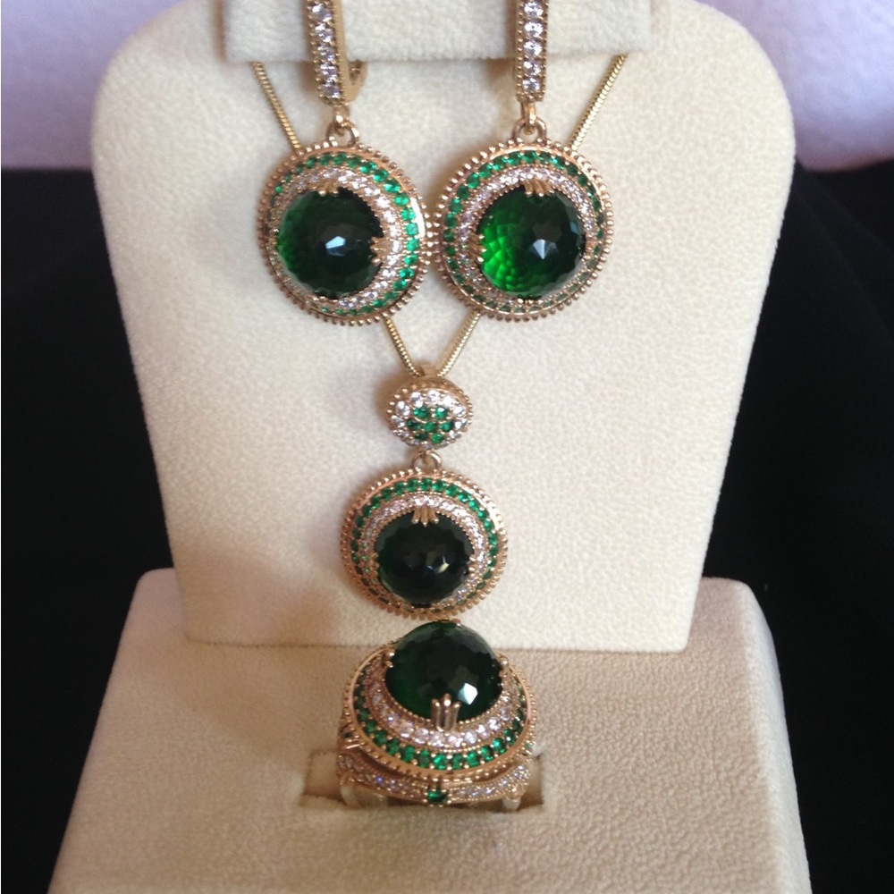 Emerald Stone Jewelry Set: 925 Sterling Silver Turkish Handmade